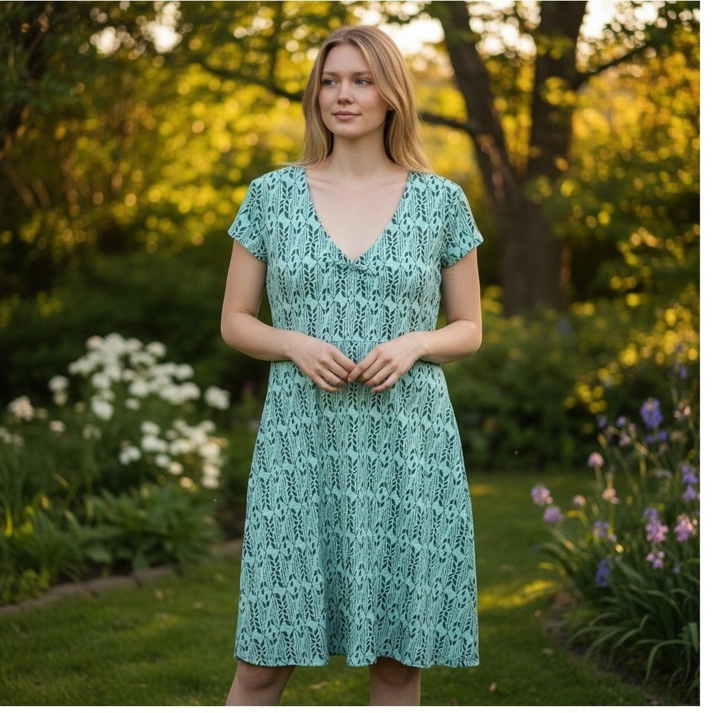 Toad&Co Rosemarie Dress Womens XL Green Leaf Print Tencel Cotton Stretch Eco